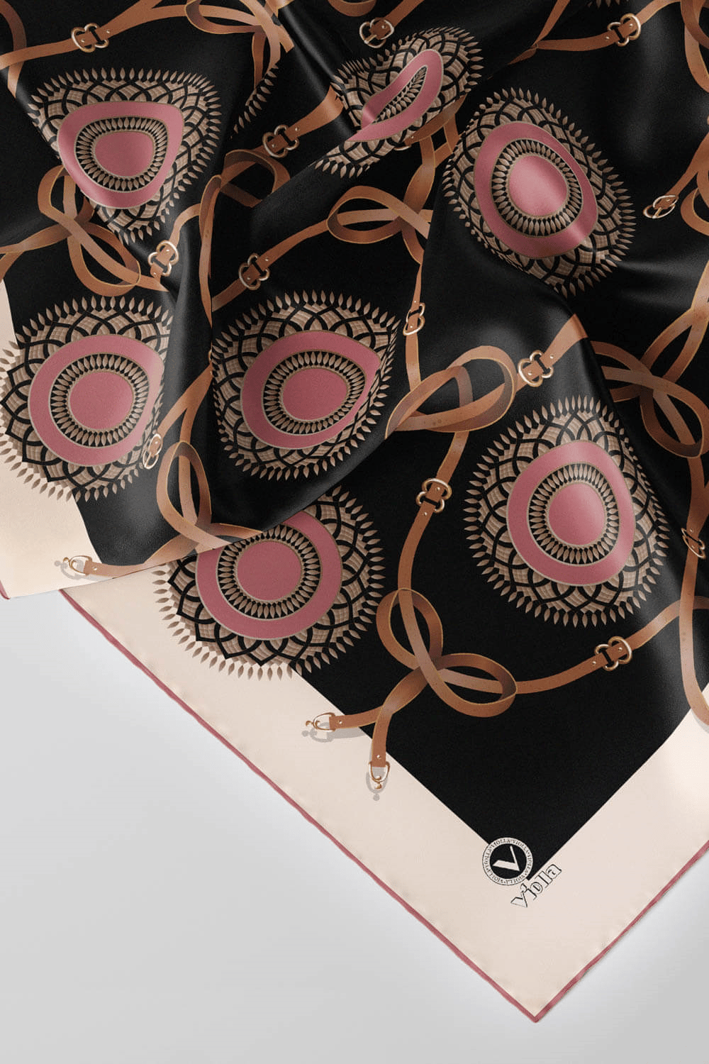 Twill Kemerli Ve Geometrik Desenli Gül Kurusu Renkli 90x90 Eşarp (İpek İçermez) Kenar Dikiş Şekli El Dikişli
