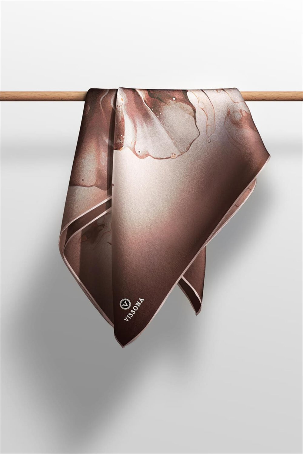 %100 Twill İpek Batik Çiçek Desenli Kahverengi - Krem Renkli 90x90 Eşarp Dikim Şekli : El Dikişi