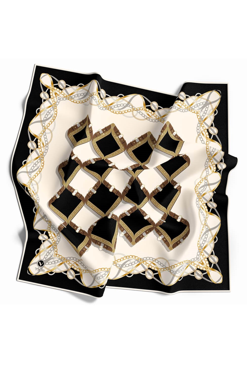 Twill Kemer Ve Zincir Desenli Siyah Renkli 90x90 Eşarp (İpek İçermez) Kenar Dikiş Şekli El Dikişli