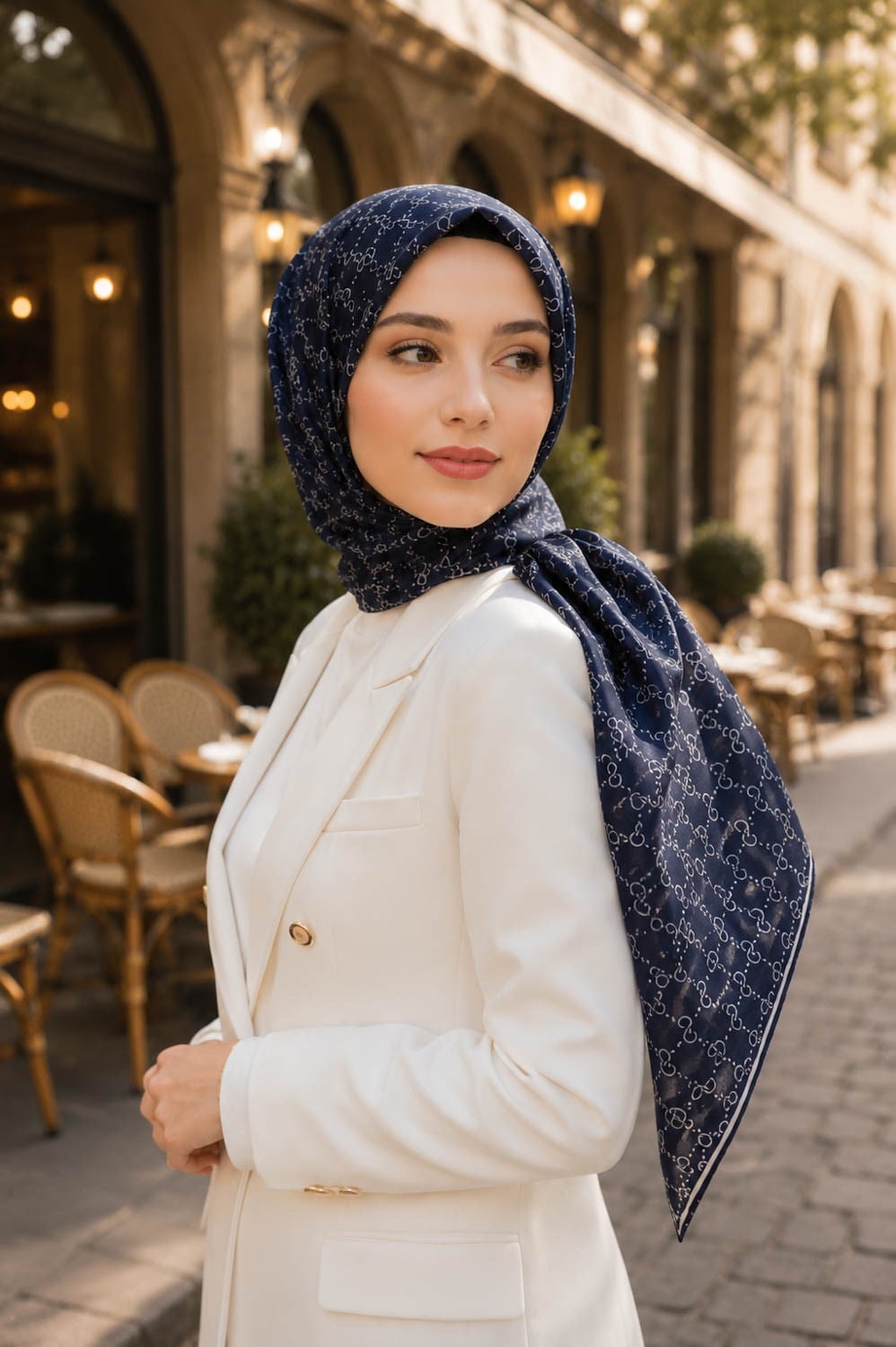%57 İPEK %43 VİSKON Twill İpek Leopar Desenli Lacivert - Beyaz Renkli 90x90 Eşarp Dikim Şekli : El Dikişi