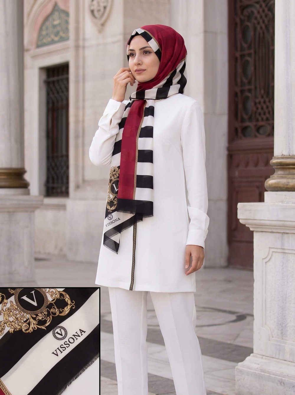 %100 İpek Çizgili Ve Varak Desenli Bordo - Siyah Renkli 92x210 Şal