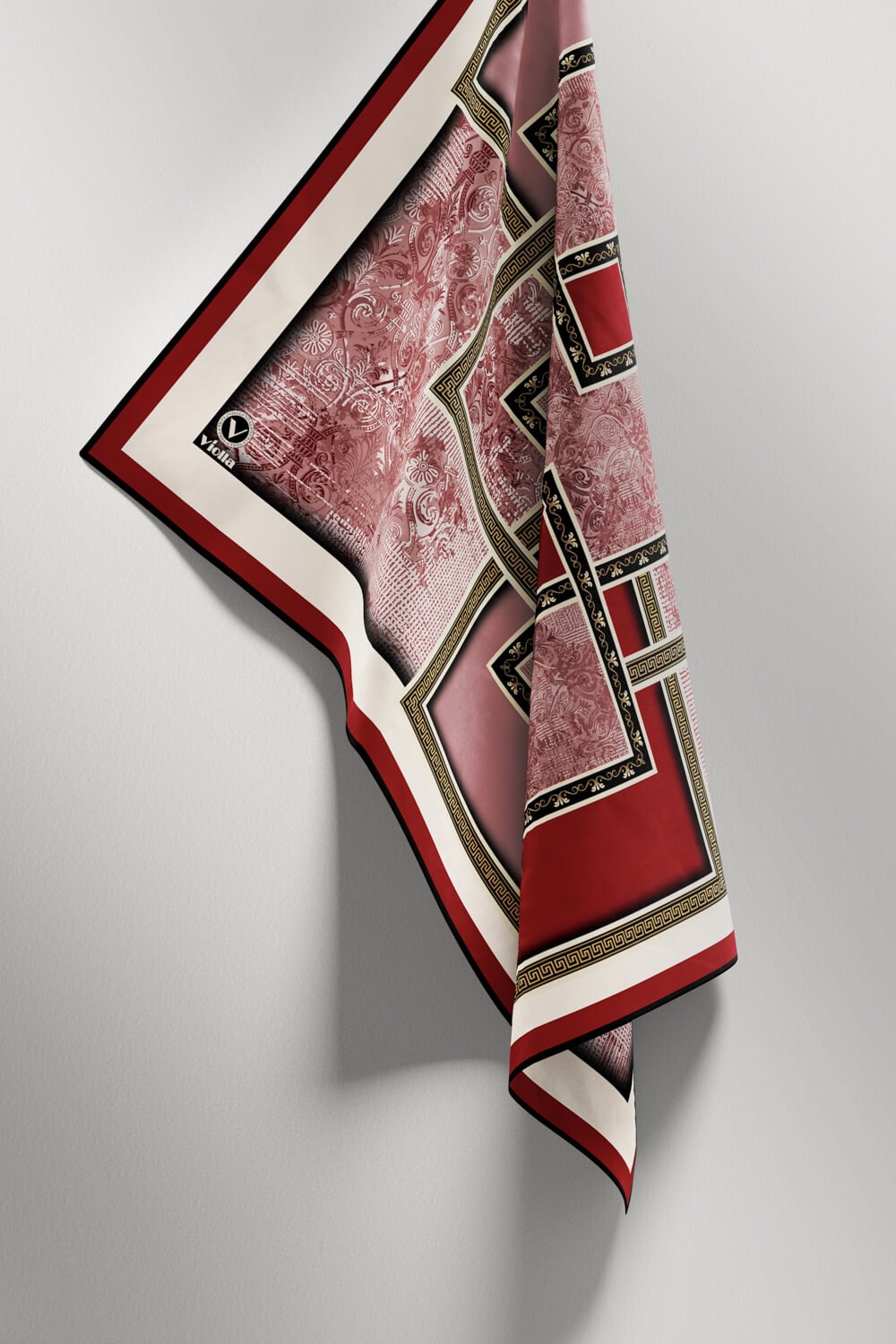 Twill Geometrik Desenli Bordo Renkli 90x90 Eşarp (İpek İçermez) Kenar Dikiş Şekli El Dikişli