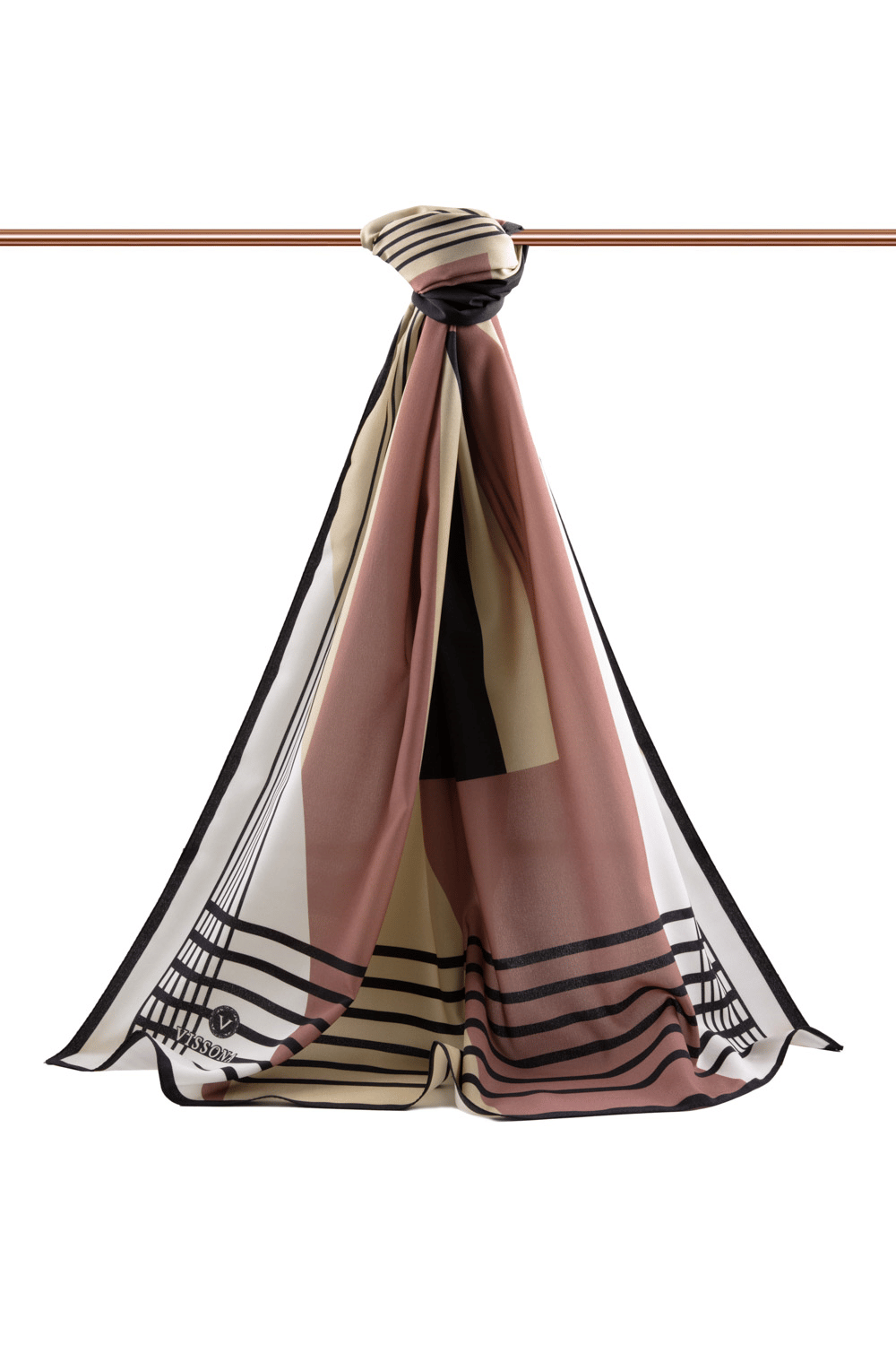 LÜKS MEDİNE İPEĞİ GEOMETRİK DESENLİ PUDRA RENKLİ 75X195 KIRIŞMAZ ŞAL MOSS KREP DİKİŞ TİPİ İTALYAN DİKİŞLİ