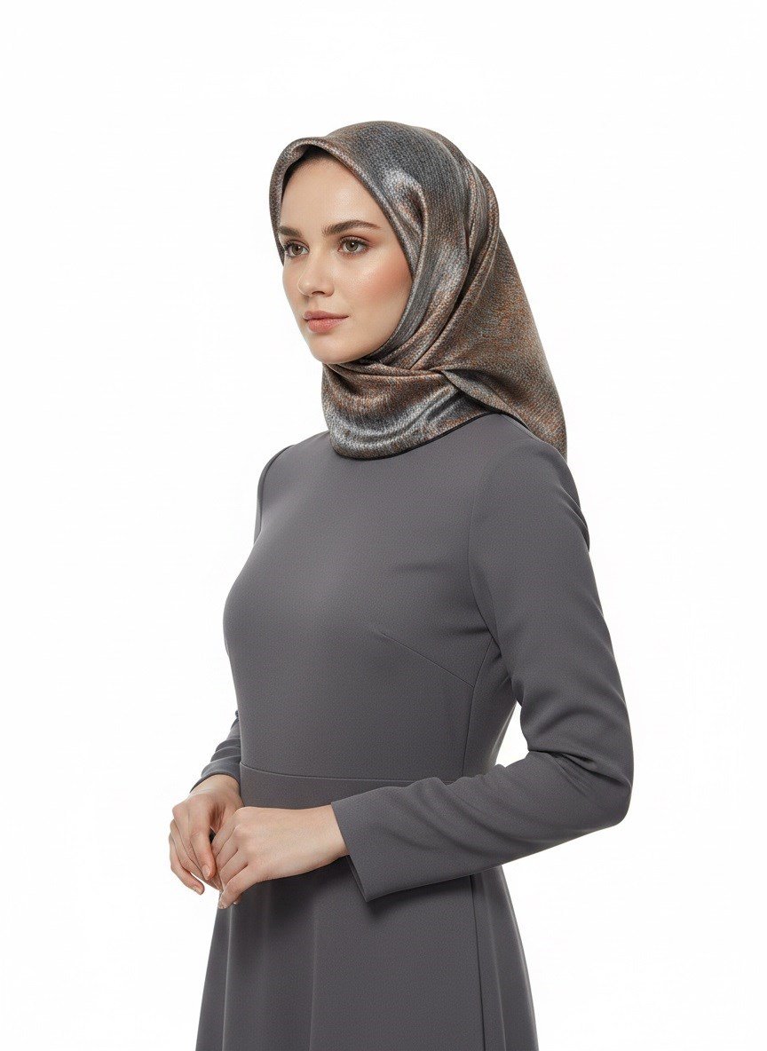 %100 Twill İpek Dokulu Desen Turuncu - Siyah Renkli 90x90 Eşarp Kenar Dikiş Şekli El Dikişli
