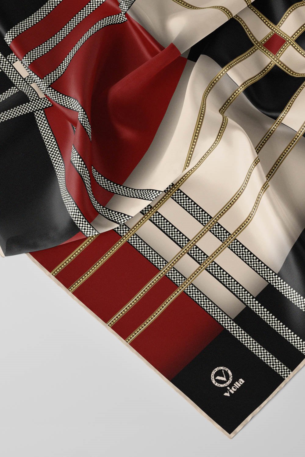 Twill Geometrik Desenli Siyah - Bordo Renkli 90x90 Eşarp (İpek İçermez) Kenar Dikiş Şekli El Dikişli