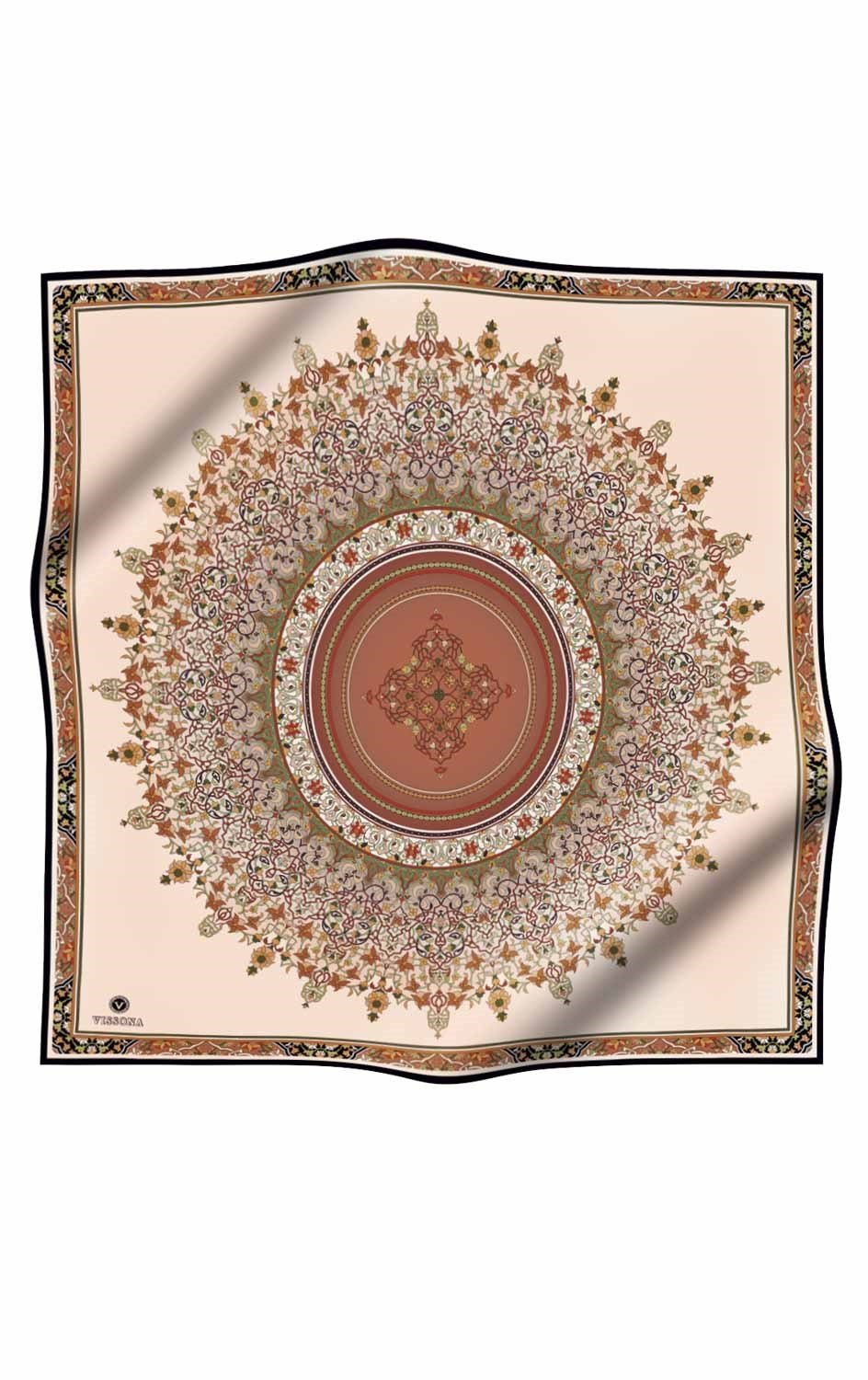 %100 Twill İpek Şal Desenli Bakır Renkli 90x90 Eşarp Dikim Şekli : El Dikişi