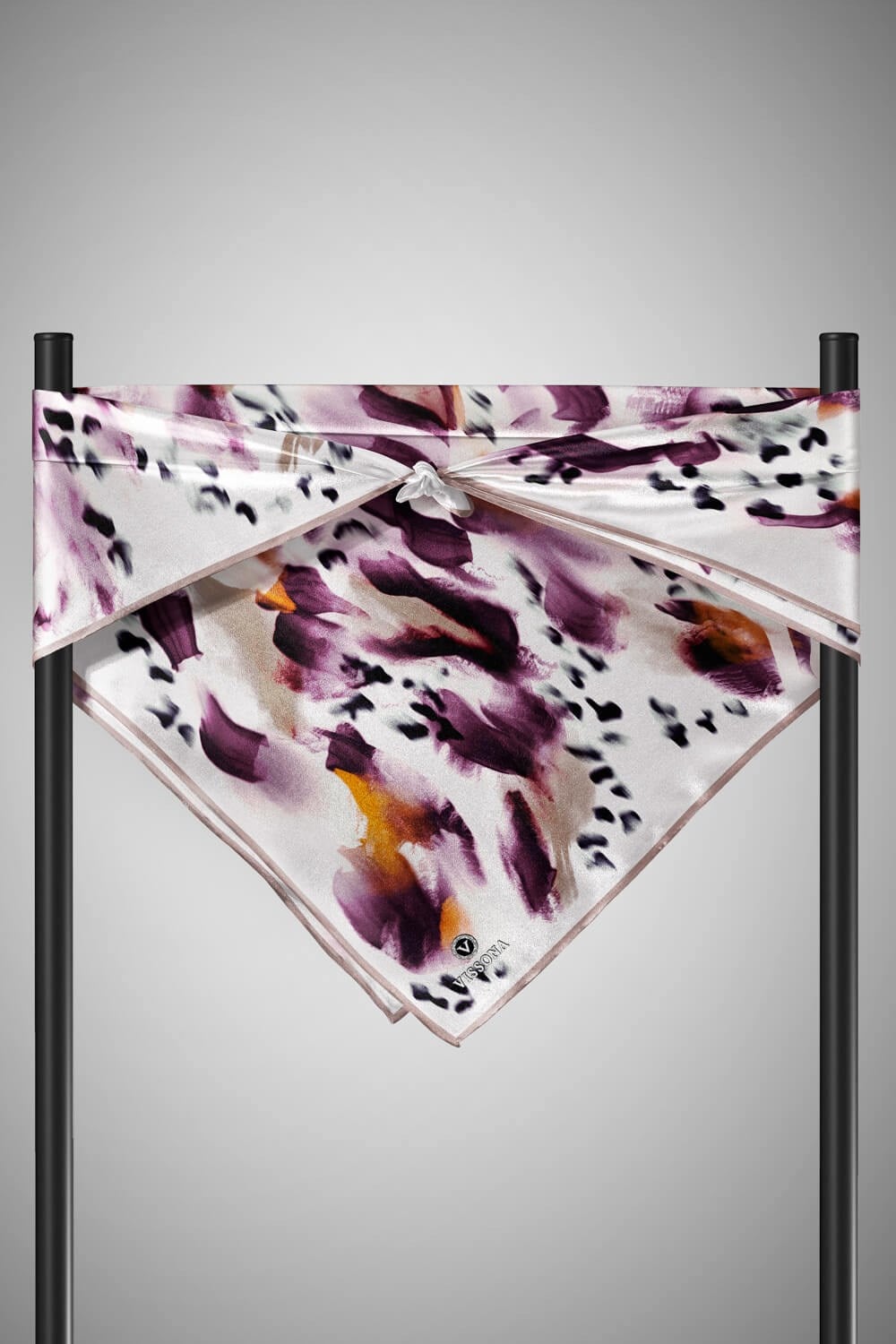 %100 Twill İpek Batik Desenli Mürdüm - Turuncu Renkli 90x90 Eşarp Dikim Şekli : El Dikişi
