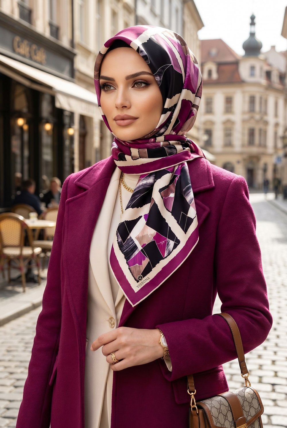 %100 Twill İpek Geometrik Desenli Mürdüm - Somon Renkli 90x90 Eşarp Dikim Şekli : El Dikişi