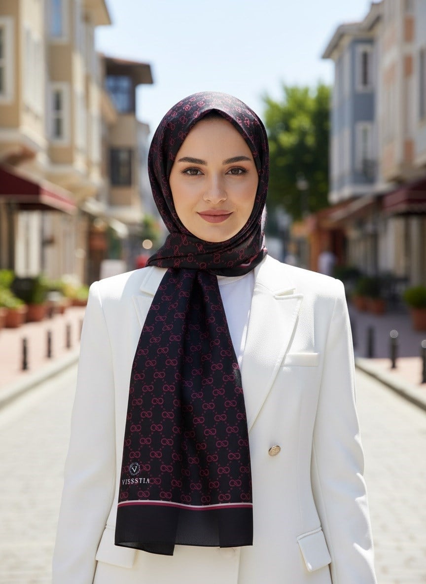 %100 İpek Minik Motif Desenli Siyah - Bordo Renkli 92x210 Şal