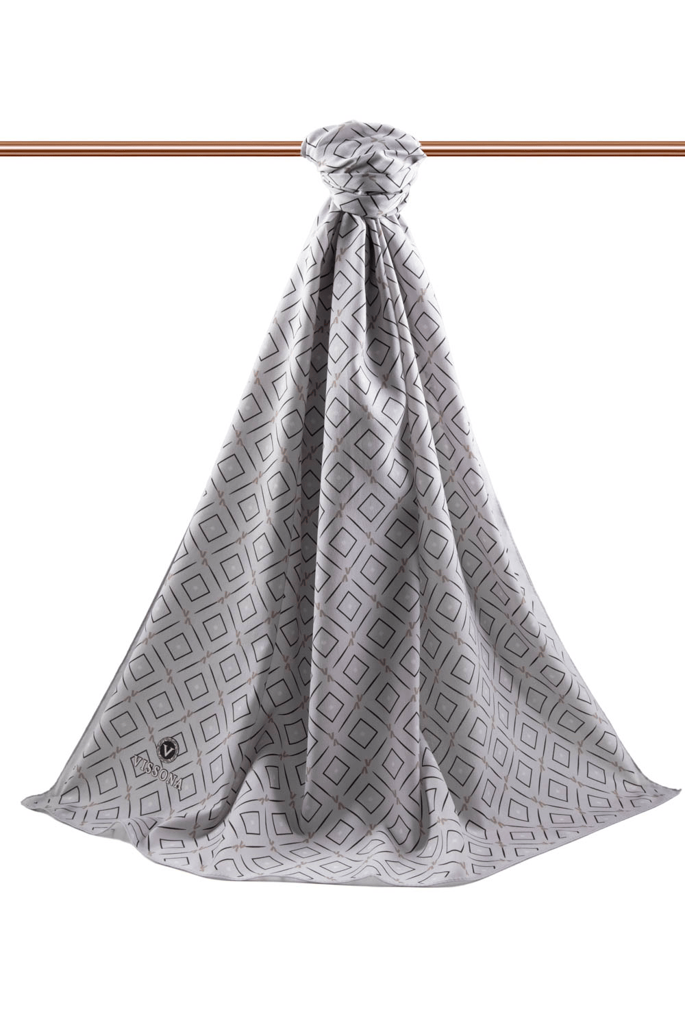 LÜKS MEDİNE İPEĞİ GEOMETRİK DESENLİ GÜMÜŞ RENKLİ 75X195 KIRIŞMAZ ŞAL MOSS KREP DİKİŞ TİPİ İTALYAN DİKİŞLİ