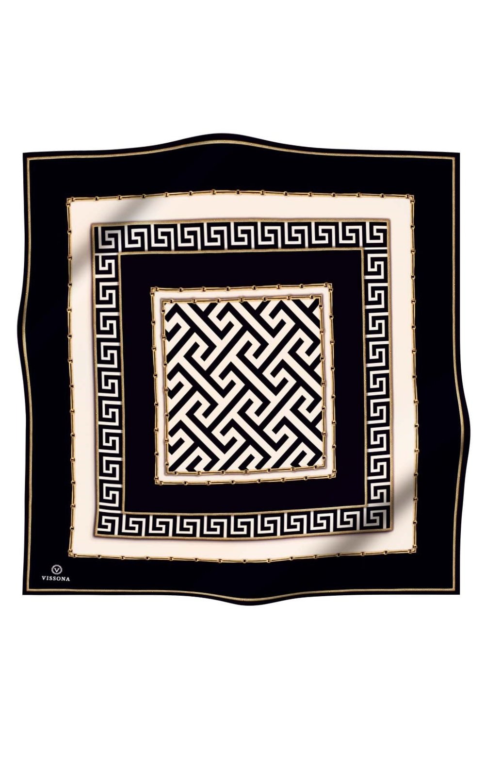 %100 Twill İpek Labirent Ve Geometrik Desenli Siyah - Krem Renkli 90x90 Eşarp Dikim Şekli : El Dikişi