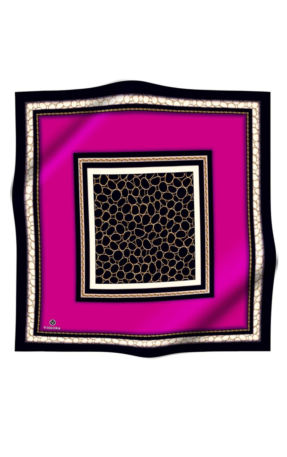 %100 Twill İpek Gold Halka Desenli Fuşya - Siyah Renkli 90x90 Eşarp Dikim Şekli : El Dikişi