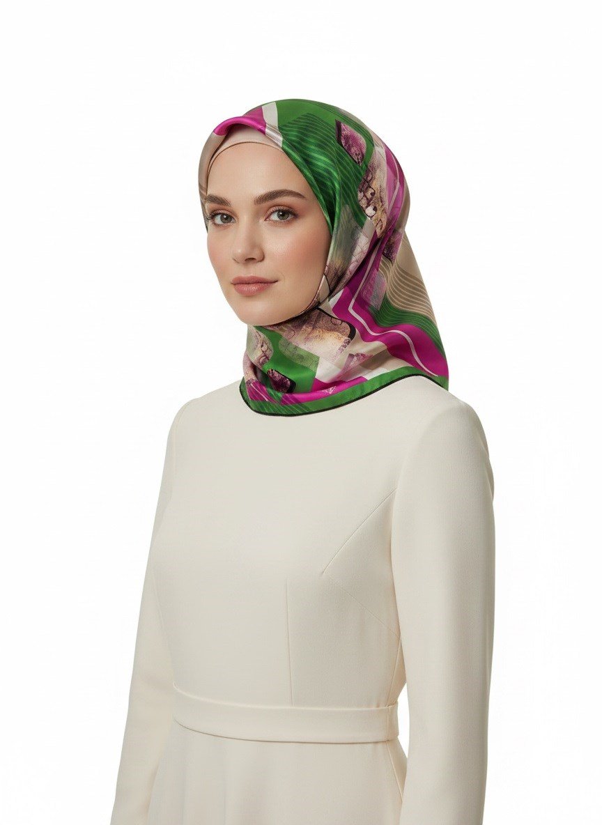 %100 Twill İpek Geometrik Desenli Zümrüt Yeşili - Fuşya Renkli 90x90 Eşarp Dikim Şekli : El Dikişi