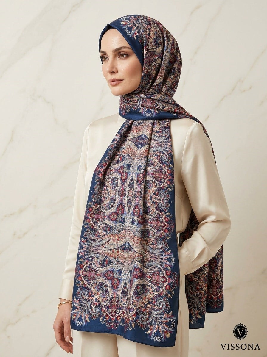 100% İpek Etro Desenli Lacivert - Kırmızı Renkli 92x210 Şal