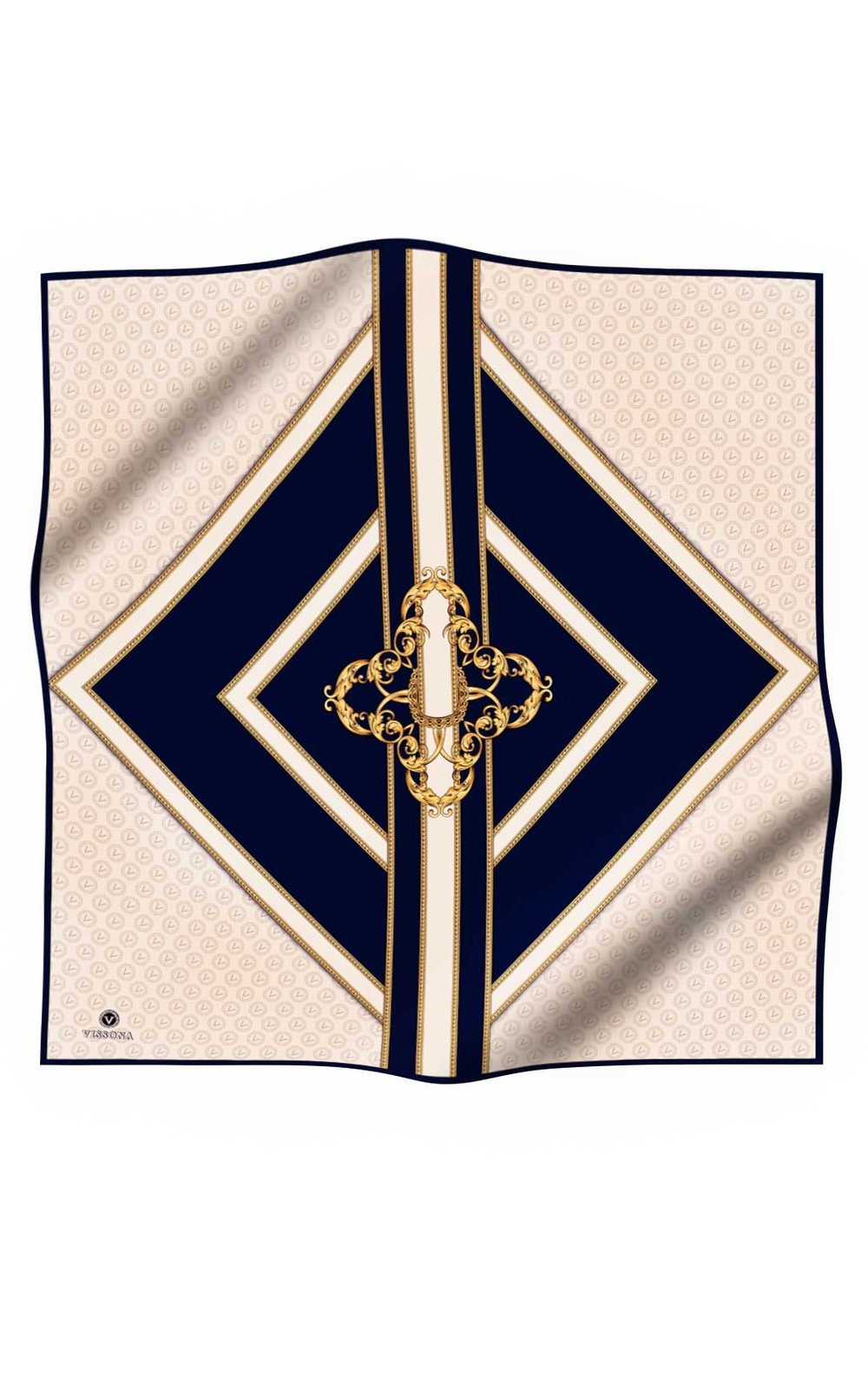%100 Twill İpek Monogram ve Barok Desenli Lacivert - Krem Renkli 90x90 Eşarp Dikim Şekli : El Dikişi