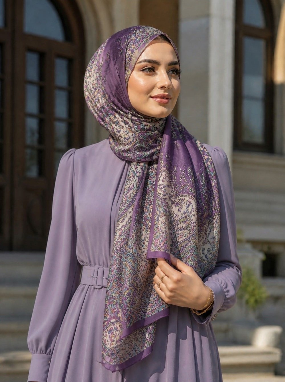 %100 İpek Etnik Desenli Mürdüm Renkli 92x210 Şal