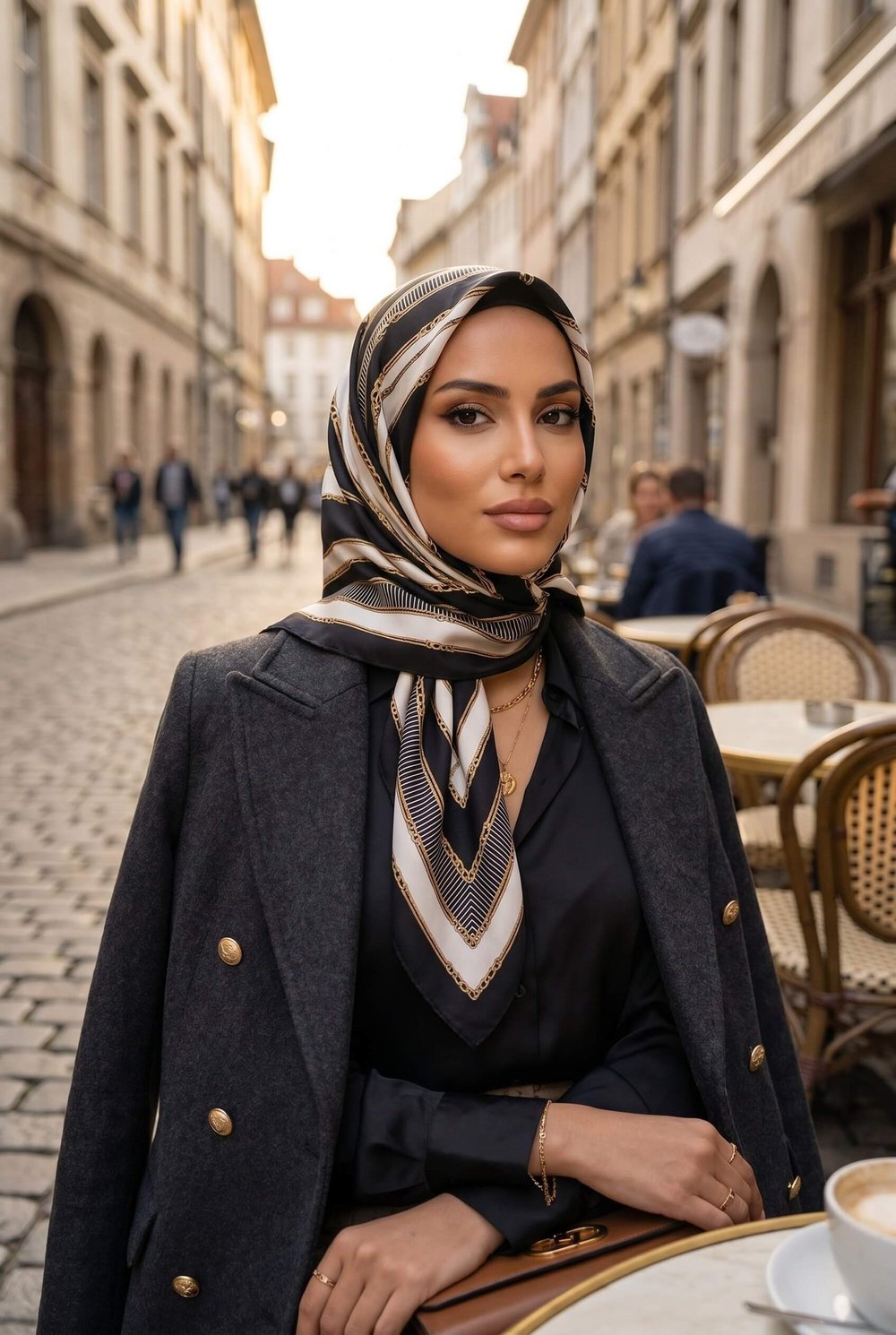%100 Twill İpek Zincir Detaylı Geometrik Desenli Siyah - Krem Renkli 90x90 Eşarp Dikim Şekli : El Dikişi