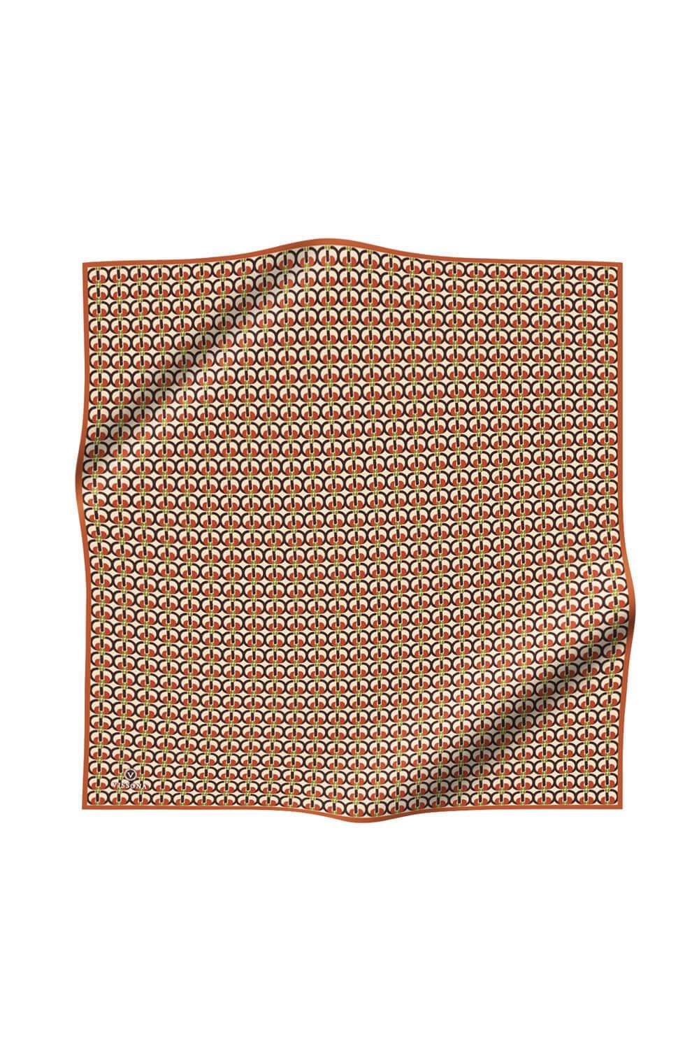%100 Twill İpek Geometrik Desenli Taba Renkli 90x90 Eşarp Dikim Şekli : El Dikişi
