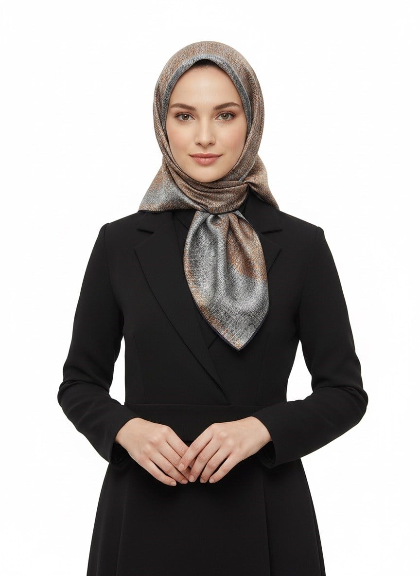 %100 Twill İpek Dokulu Desen Turuncu - Siyah Renkli 90x90 Eşarp Kenar Dikiş Şekli El Dikişli