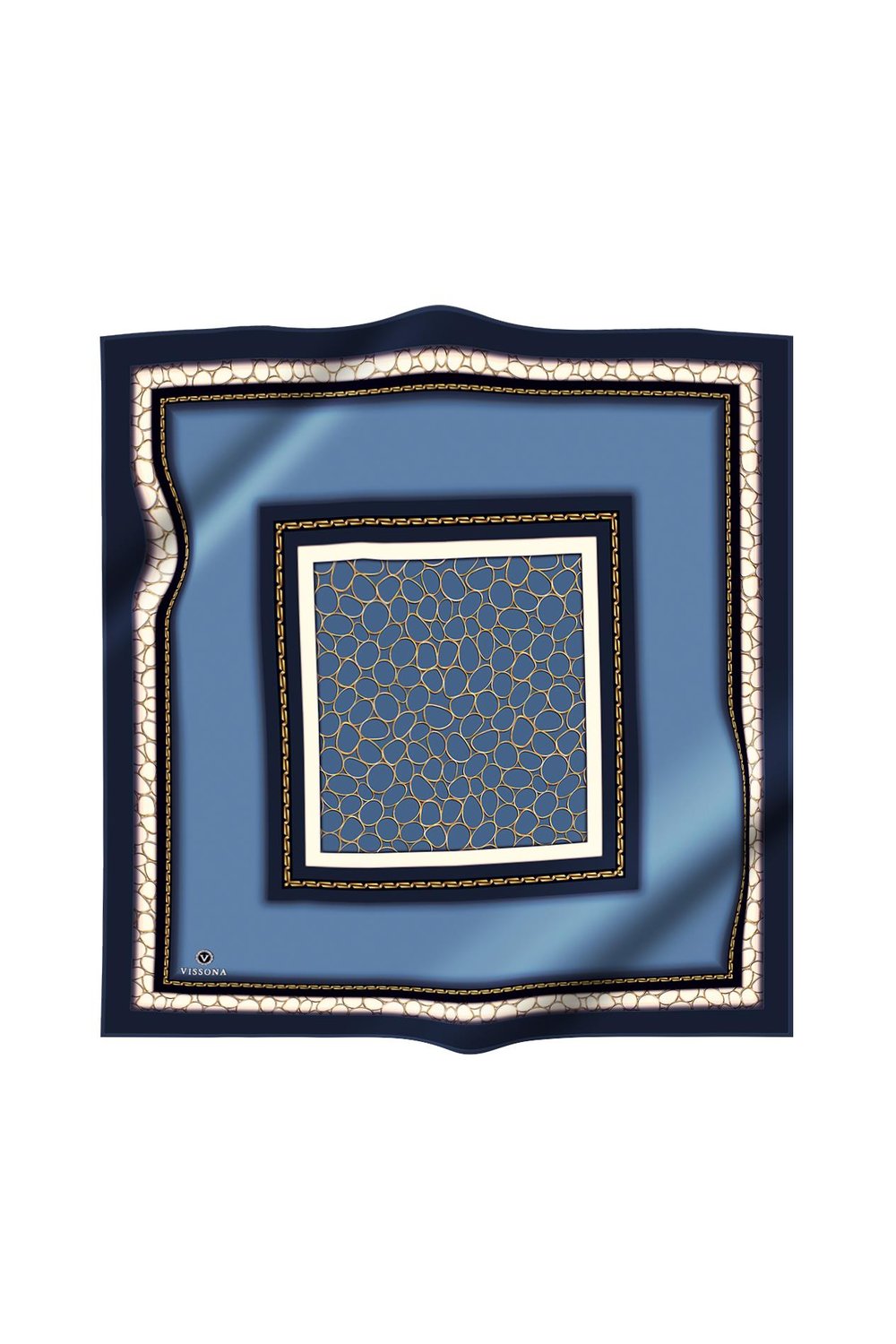 %100 Twill İpek Gold Halka Desenli İndigo - Lacivert Renkli 90x90 Eşarp Dikim Şekli : El Dikişi