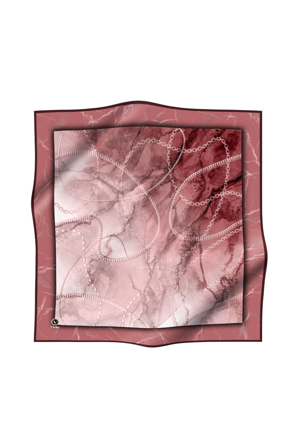 Twill Mermer ve Zincir Desenli Pudra Renkli 90x90 Eşarp (İpek İçermez) Kenar Dikiş Şekli El Dikişli