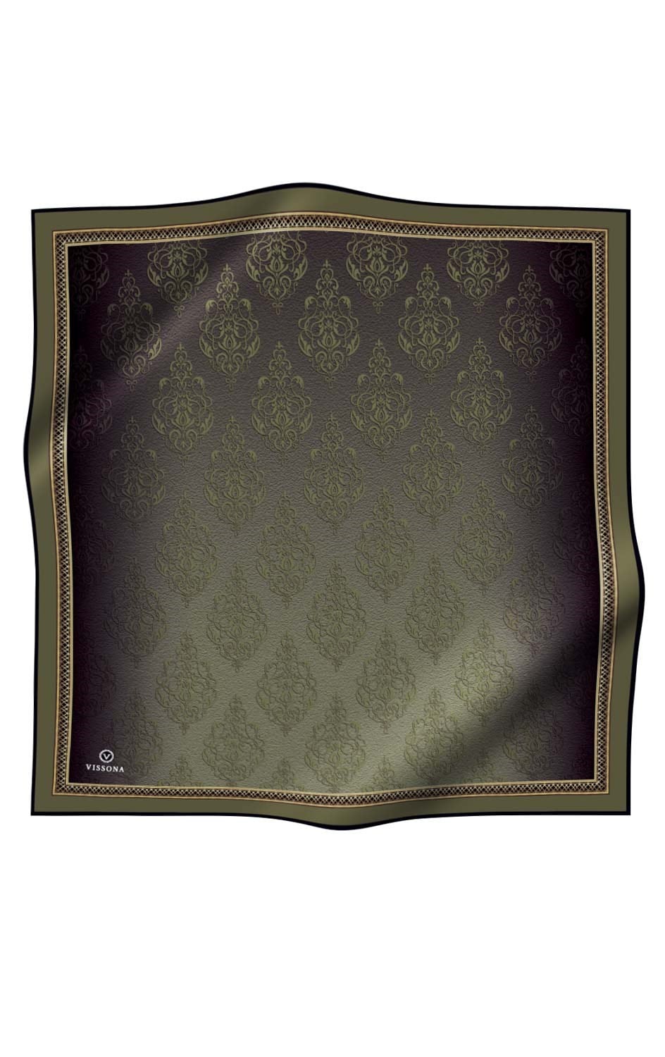 %100 Twill Barok Desenli Haki Yeşili Renkli 90x90 Eşarp Dikim Şekli: El Dikişi