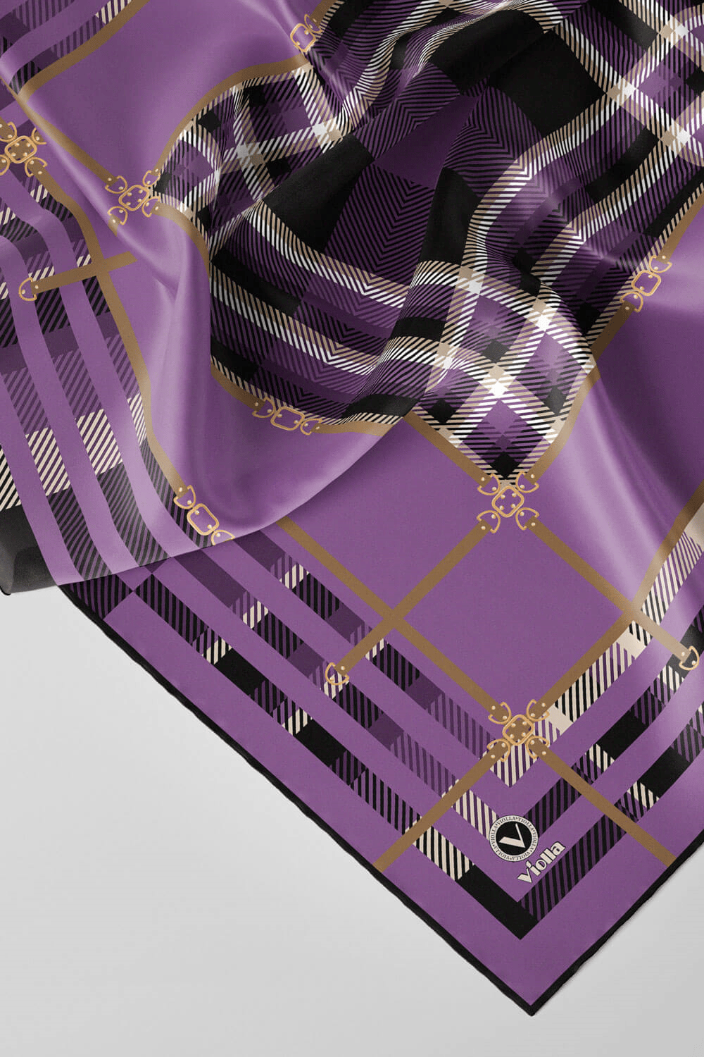 Twill Kemerli ve Ekose Desenli Lila Renkli 90x90 Eşarp (İpek İçermez)Kenar Dikiş Şekli El Dikişli