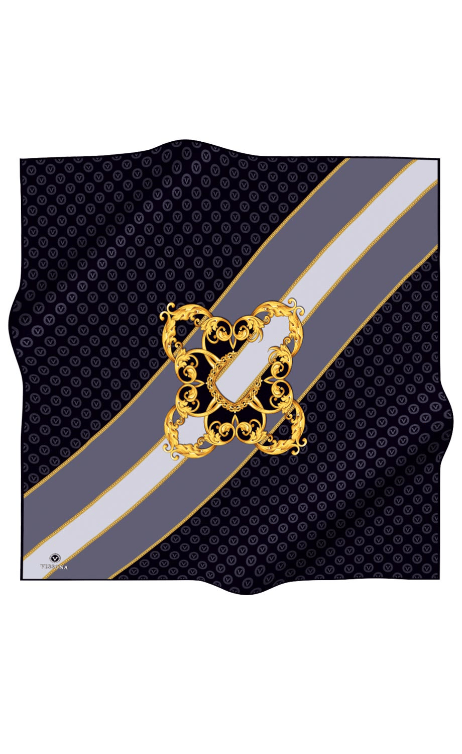%100 Twill İpek Monogram Ve Barok Desenli Siyah - Gri Renkli 90x90 Eşarp Dikim Şekli : El Dikişi
