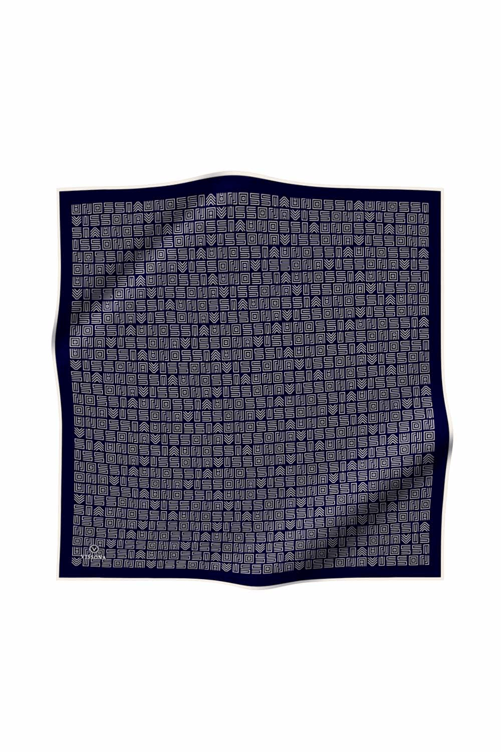 %57 İPEK %43 VİSKON Twill İpek Etnik Motif Desenli Lacivert - Krem Renkli 90x90 Eşarp Dikim Şekli : El Dikişi