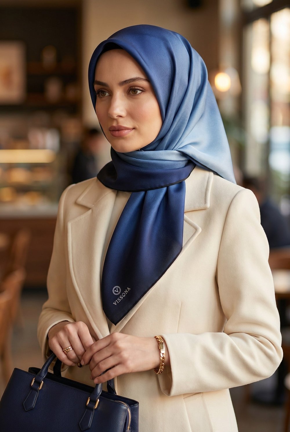 %100 Twill İpek Degrade Desenli Lacivert - Buz Mavisi Renkli 90x90 Eşarp Dikim Şekli : El Dikişi