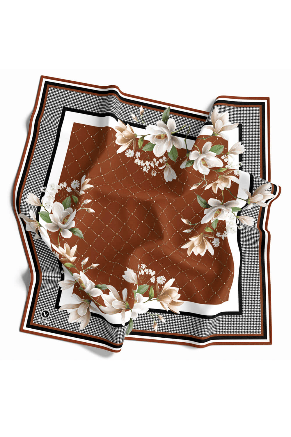 Twill Kazayaklı Ve Büyük Çiçekli Desenli Taba Renkli 90x90 Eşarp (İpek İçermez) Kenar Dikiş Şekli El Dikişli