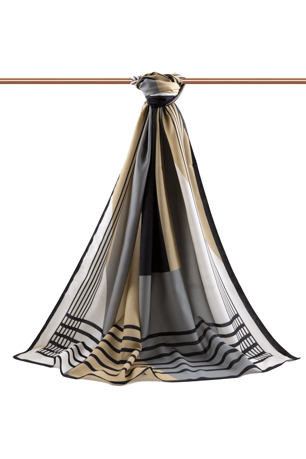 LÜKS MEDİNE İPEĞİ GEOMETRİK DESENLİ GRİ - BEJ RENKLİ 75X195 KIRIŞMAZ ŞAL MOSS KREP DİKİŞ TİPİ İTALYAN DİKİŞLİ