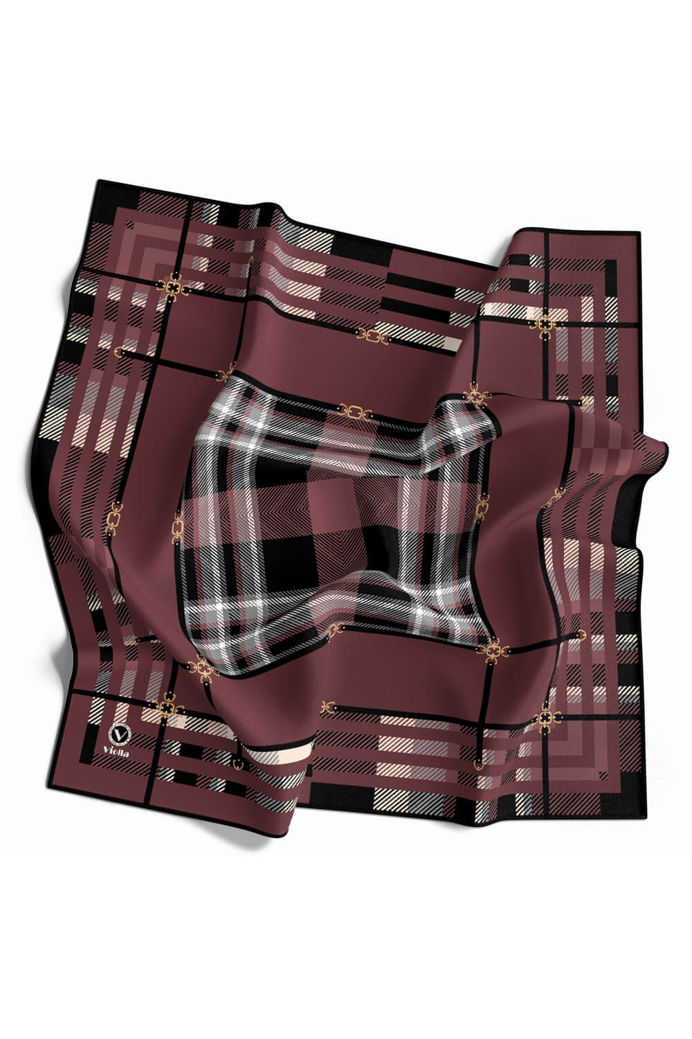 Twill Kemerli ve Ekose Desenli Gül Kurusu Renkli 90x90 Eşarp (İpek İçermez)Kenar Dikiş Şekli El Dikişli