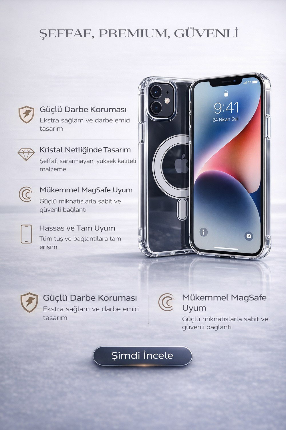 iPhone 12 Uyumlu Kamera Korumalı Magsafe Wireless Şarj Özellikli Lüks Şeffaf Silikon Telefon Kılıfı