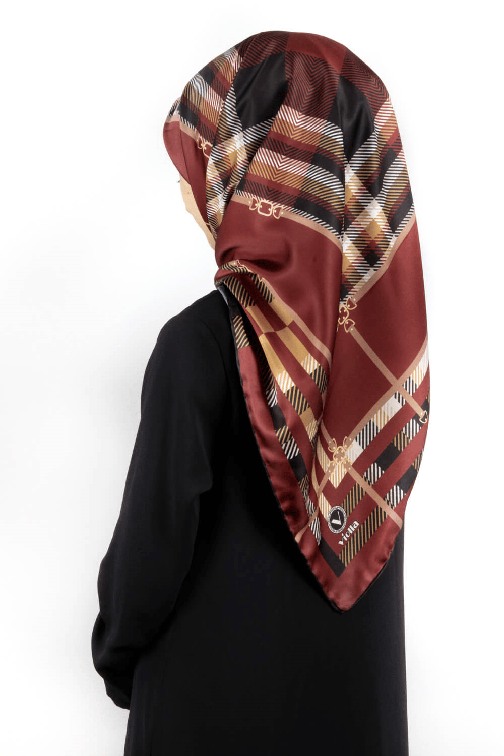 Twill Kemerli ve Ekose Desenli Bordo Renkli 90x90 Eşarp (İpek İçermez)Kenar Dikiş Şekli El Dikişli