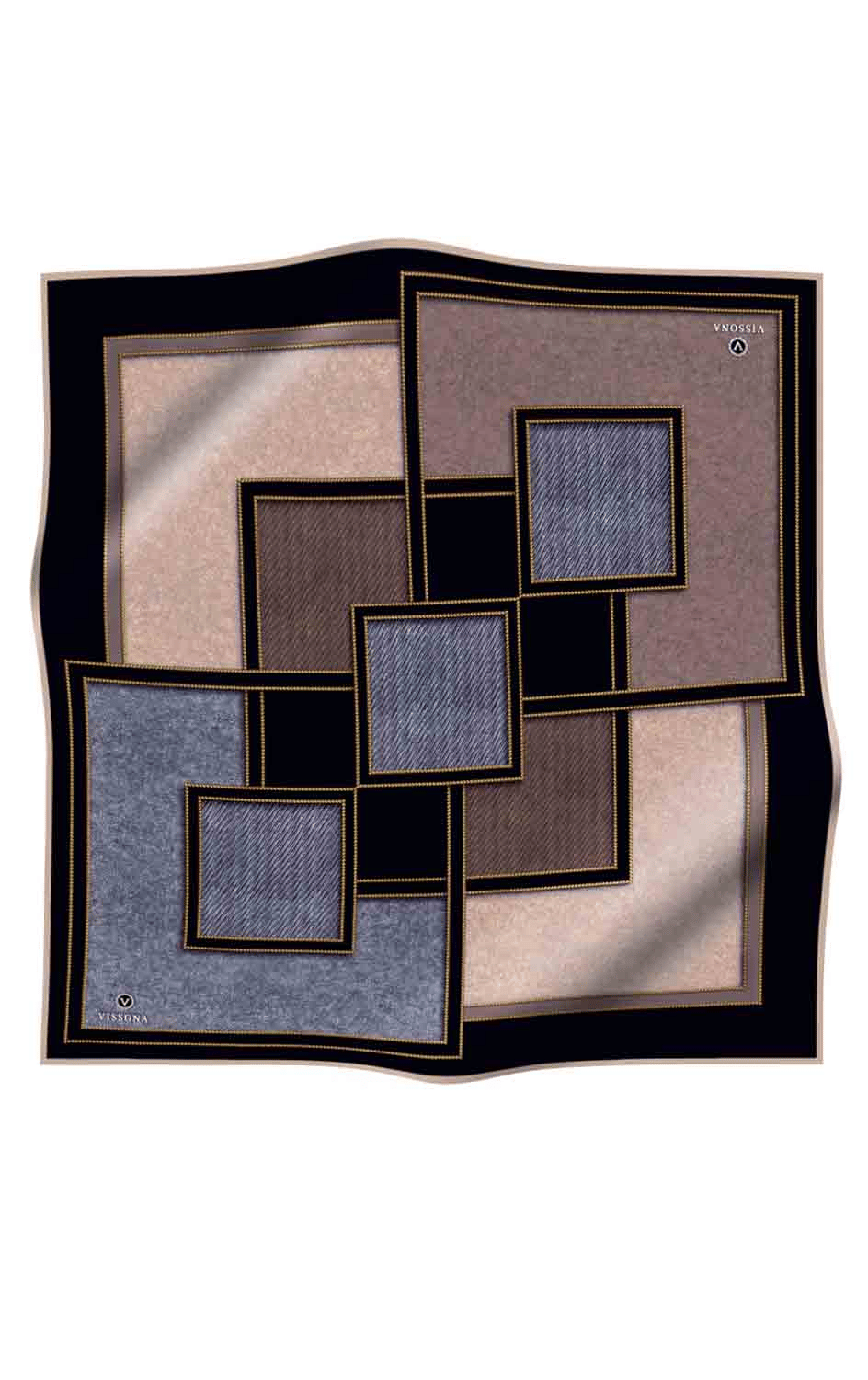 100% Twill İpek Gold Detaylı Kare Desenli Gri - Bej Renkli 90x90 Dikim Şekli : El Dikişi