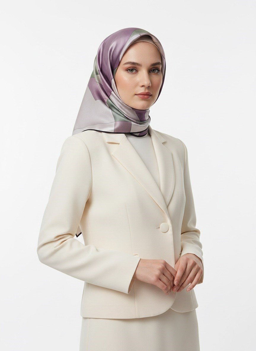 %100 Twill İpek Geometrik Desenli Gül Kurusu - Haki Renkli 90x90 Eşarp Dikim Şekli : El Dikişi
