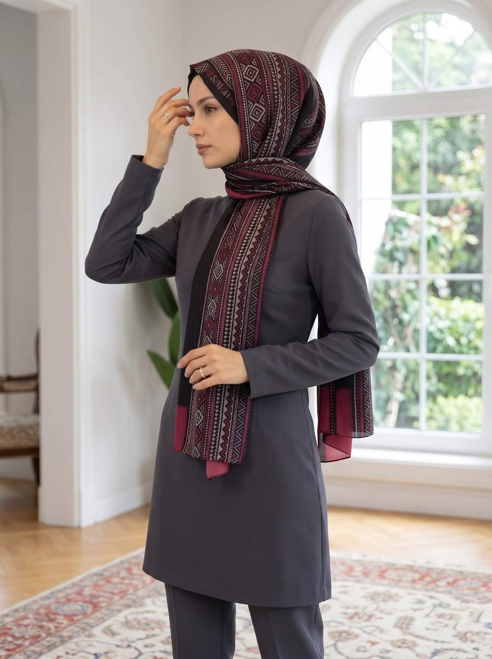 %100 İPEK ETNİK DESENLİ SİYAH - BORDO RENKLİ ŞAL