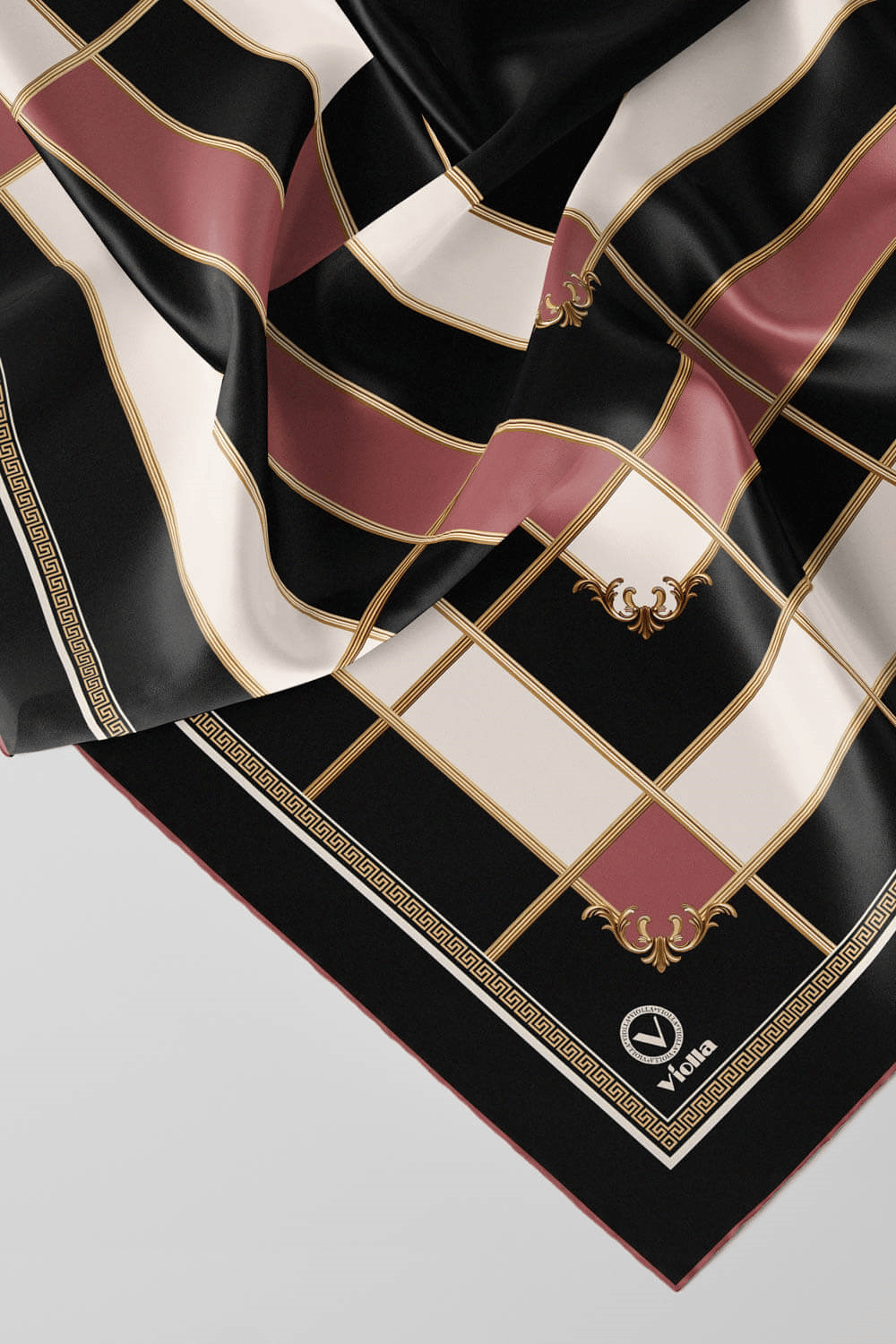 Twill Gold Detaylı Kareli Desenli Pudra Renkli 90x90 Eşarp (İpek İçermez) Kenar Dikiş Şekli El Dikişli