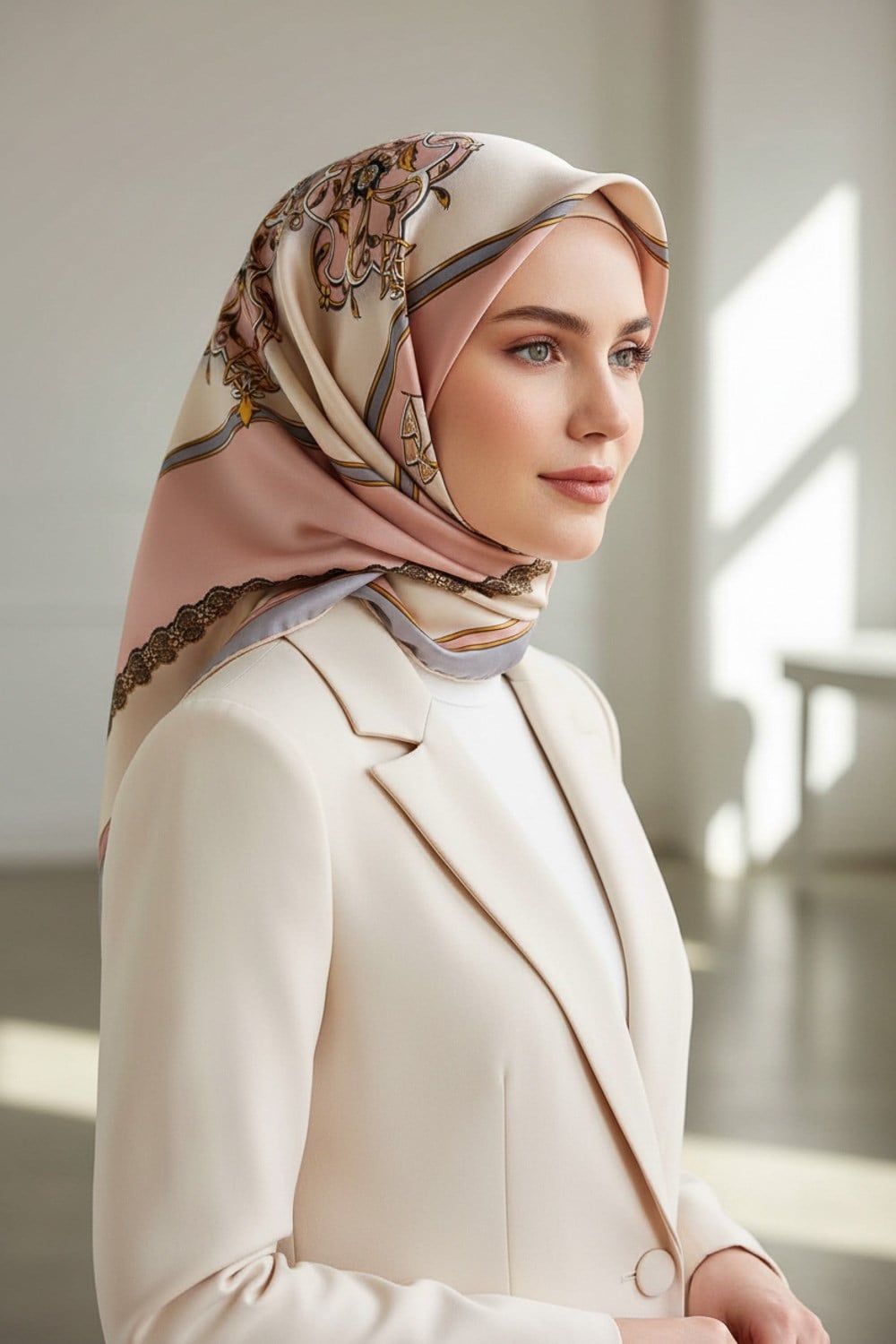%100 Twill Barok Desenli Pudra - Gri Renkli 90x90 Eşarp Dikim Şekli: El Dikişi