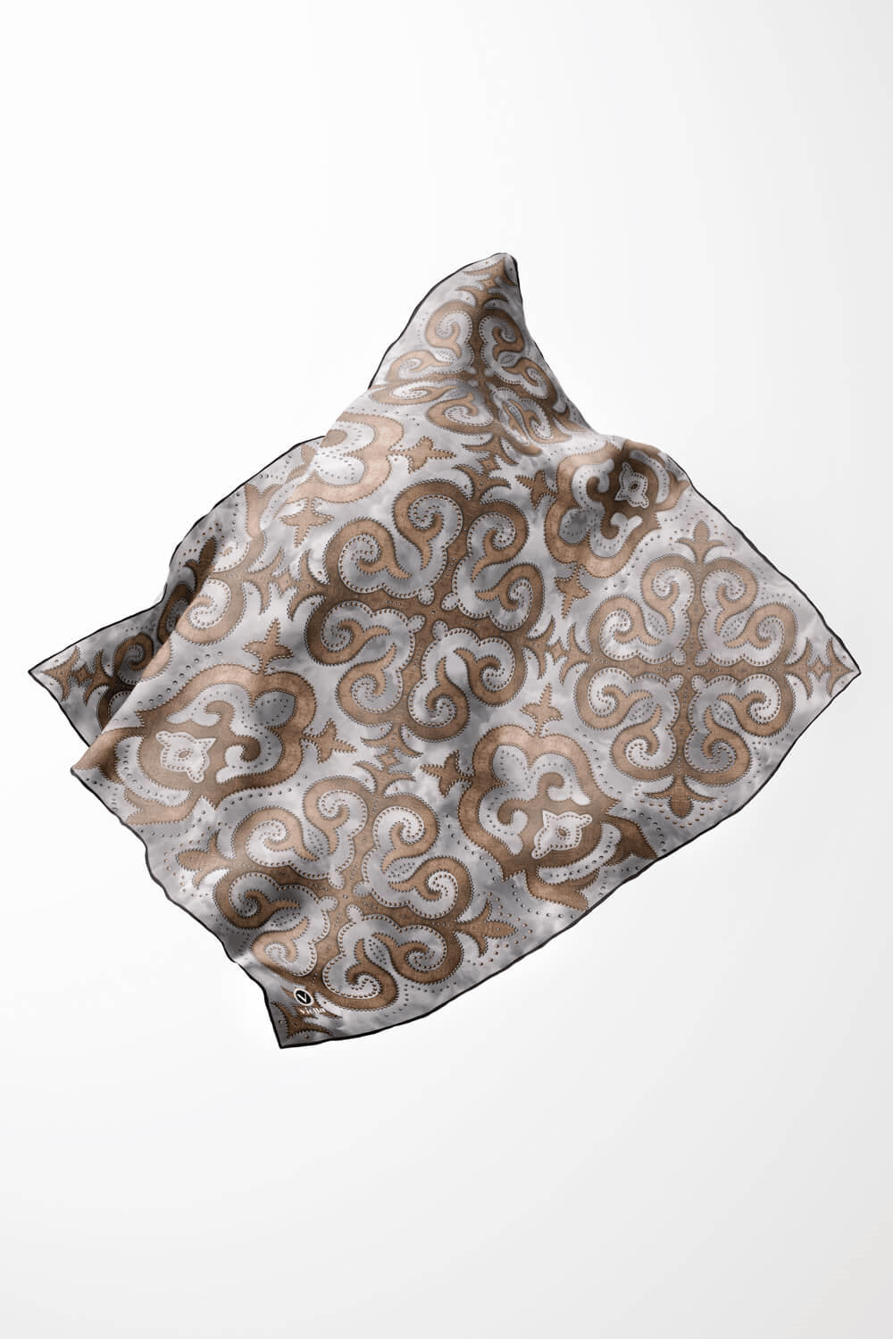 Twill Barok Desenli Gri - Bej Renkli 90x90 Eşarp (İpek İçermez) Kenar Dikiş Şekli El Dikişli