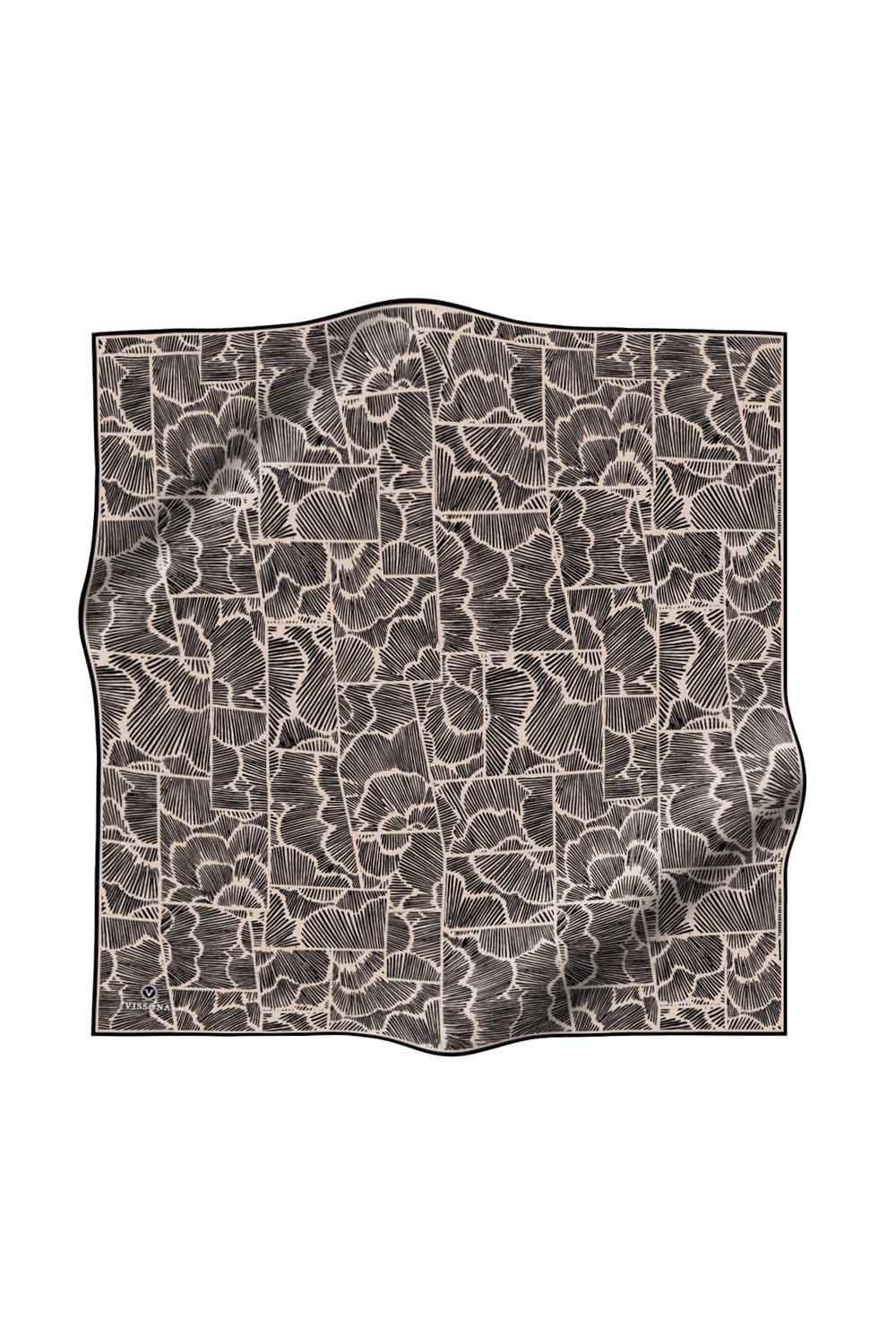 %100 Twill İpek Geometrik Desenli Siyah - Bej Renkli 90x90 Eşarp Dikim Şekli : El Dikişi