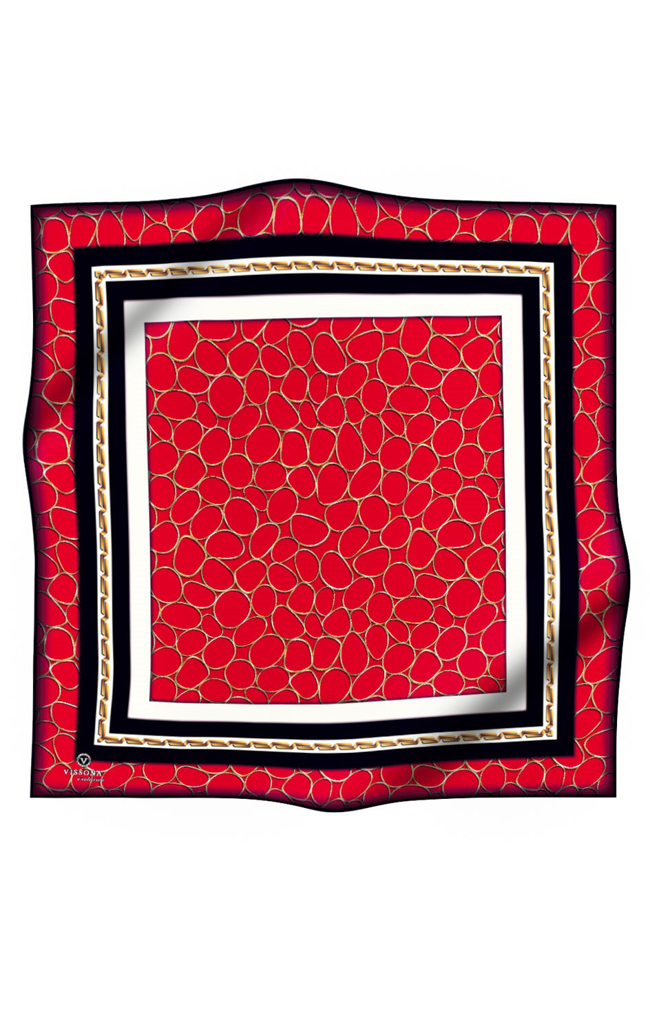 %100 Twill İpek Zincir Desenli Kırmızı - Siyah Renkli 90x90 Eşarp Kenar Dikiş Şekli El Dikişli