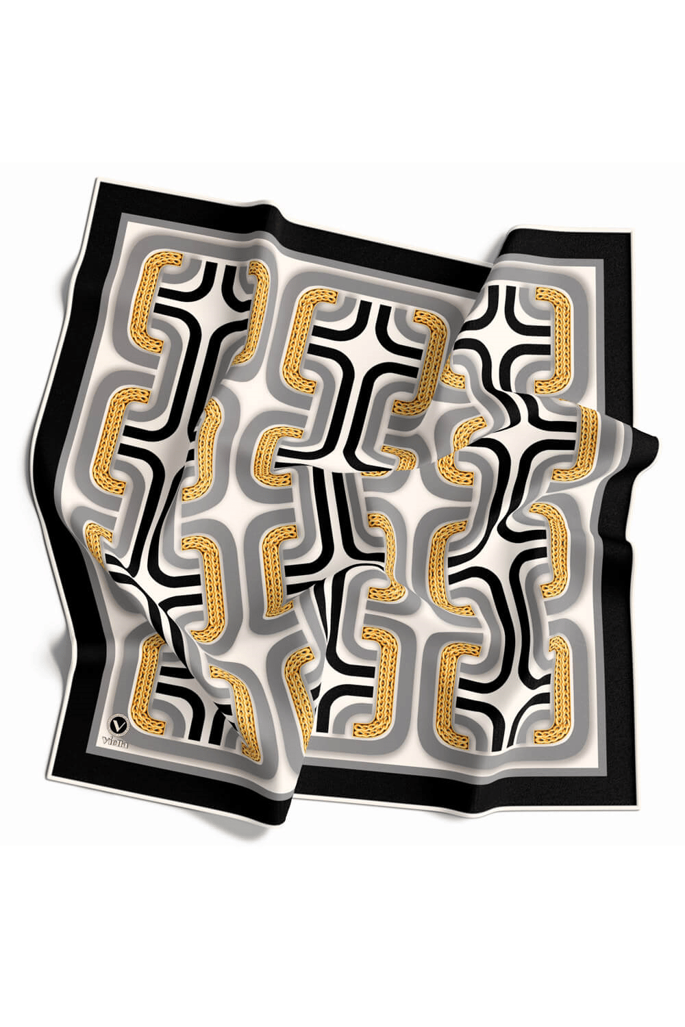 Twill Geometrik Zincir Desenli Gümüş Renkli 90x90 Eşarp (İpek İçermez) Kenar Dikiş Şekli El Dikişli