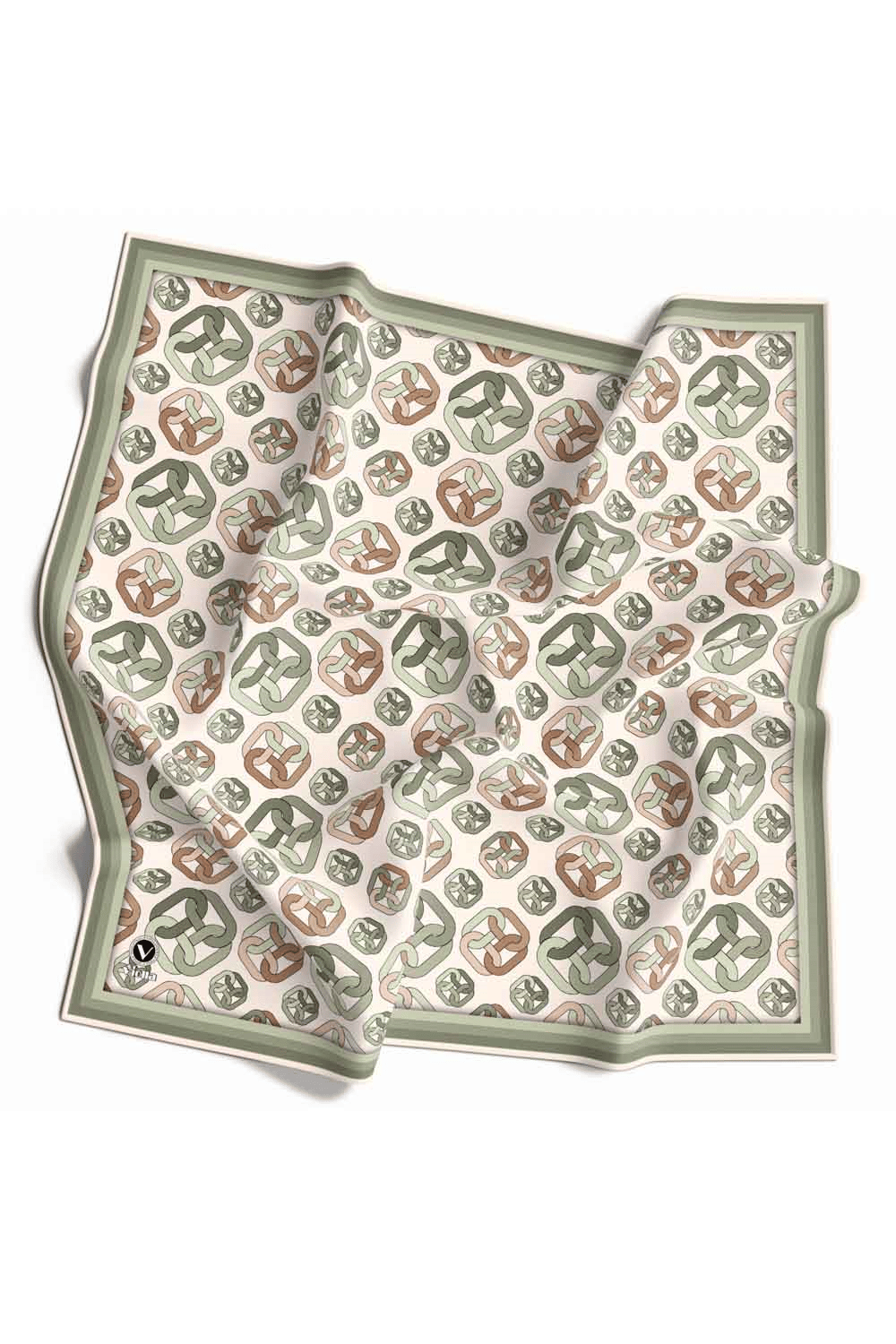 Kristal Zincir Motif Desenli Haki Renkli 90x90 Eşarp (İpek İçermez) Kenar Dikiş Şekli El Dikişli