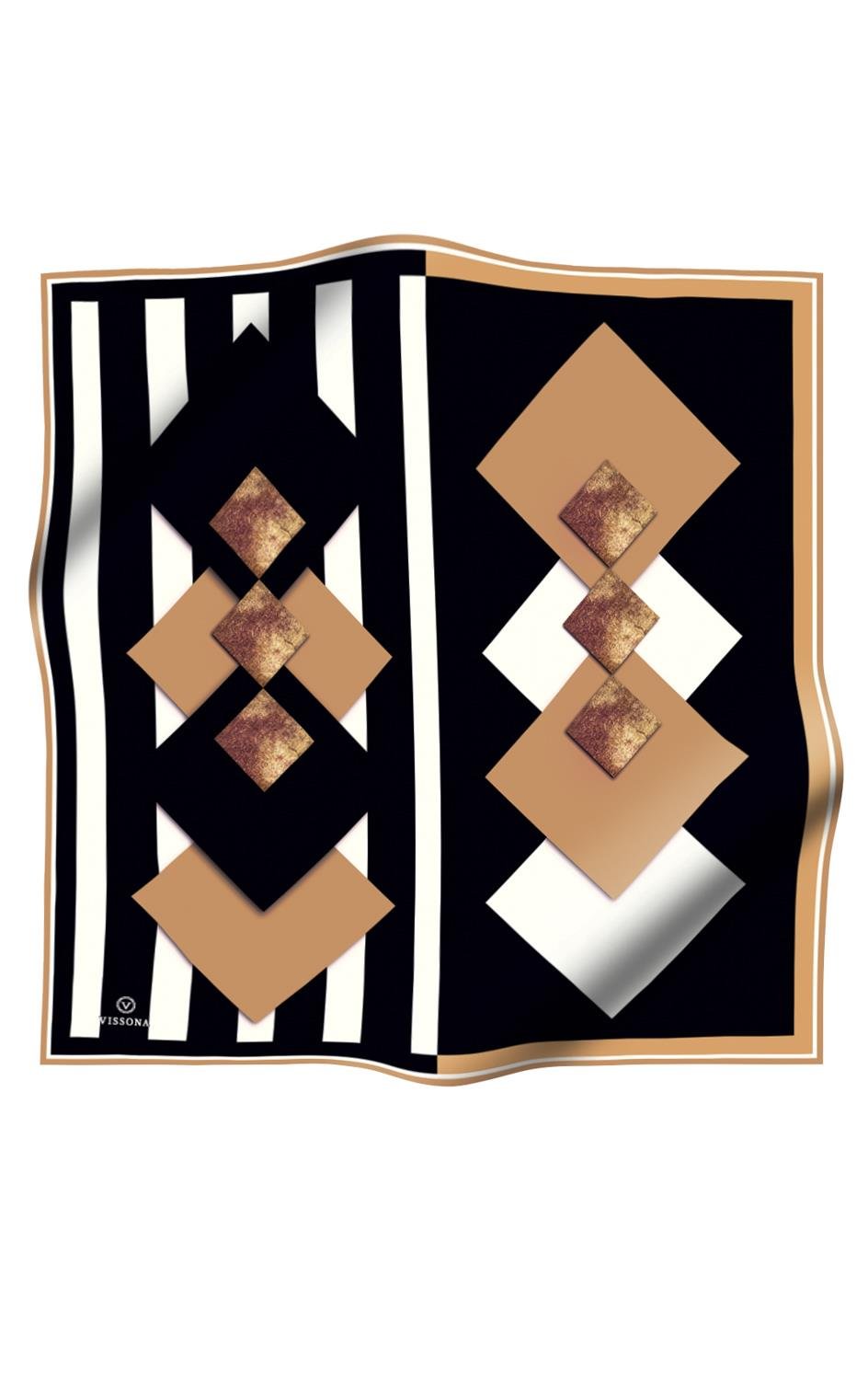 %100 Twill İpek Karo Desenli Gold - Siyah Renkli 90x90 Eşarp Dikim Şekli : El Dikişi