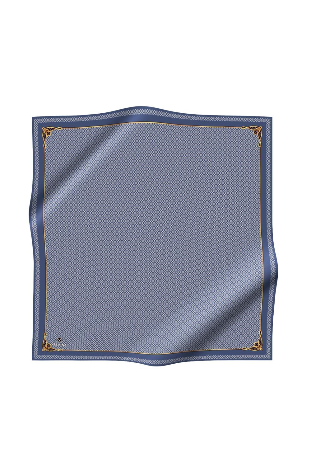 %100 Twill İpek Minik Motif Desenli İndigo - Krem Renkli 90x90 Eşarp Dikim Şekli : El Dikişi