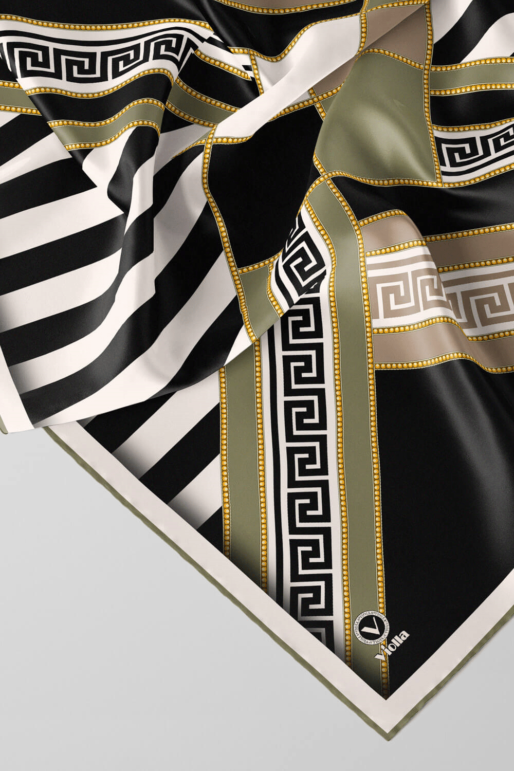 Twill Çizgili Geometrik Desenli Haki Renkli 90x90 Eşarp (İpek İçermez) Kenar Dikiş Şekli El Dikişli