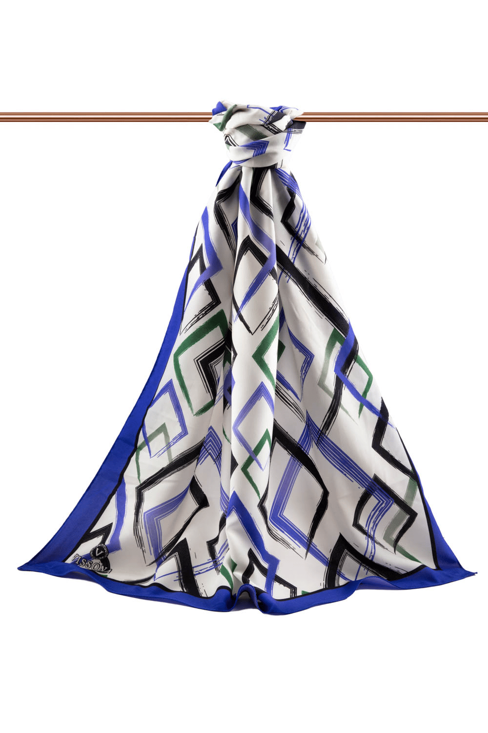LÜKS MEDİNE İPEĞİ GEOMETRİK DESENLİ SAKS RENKLİ 75X195 KIRIŞMAZ ŞAL MOSS KREP DİKİŞ TİPİ İTALYAN DİKİŞLİ
