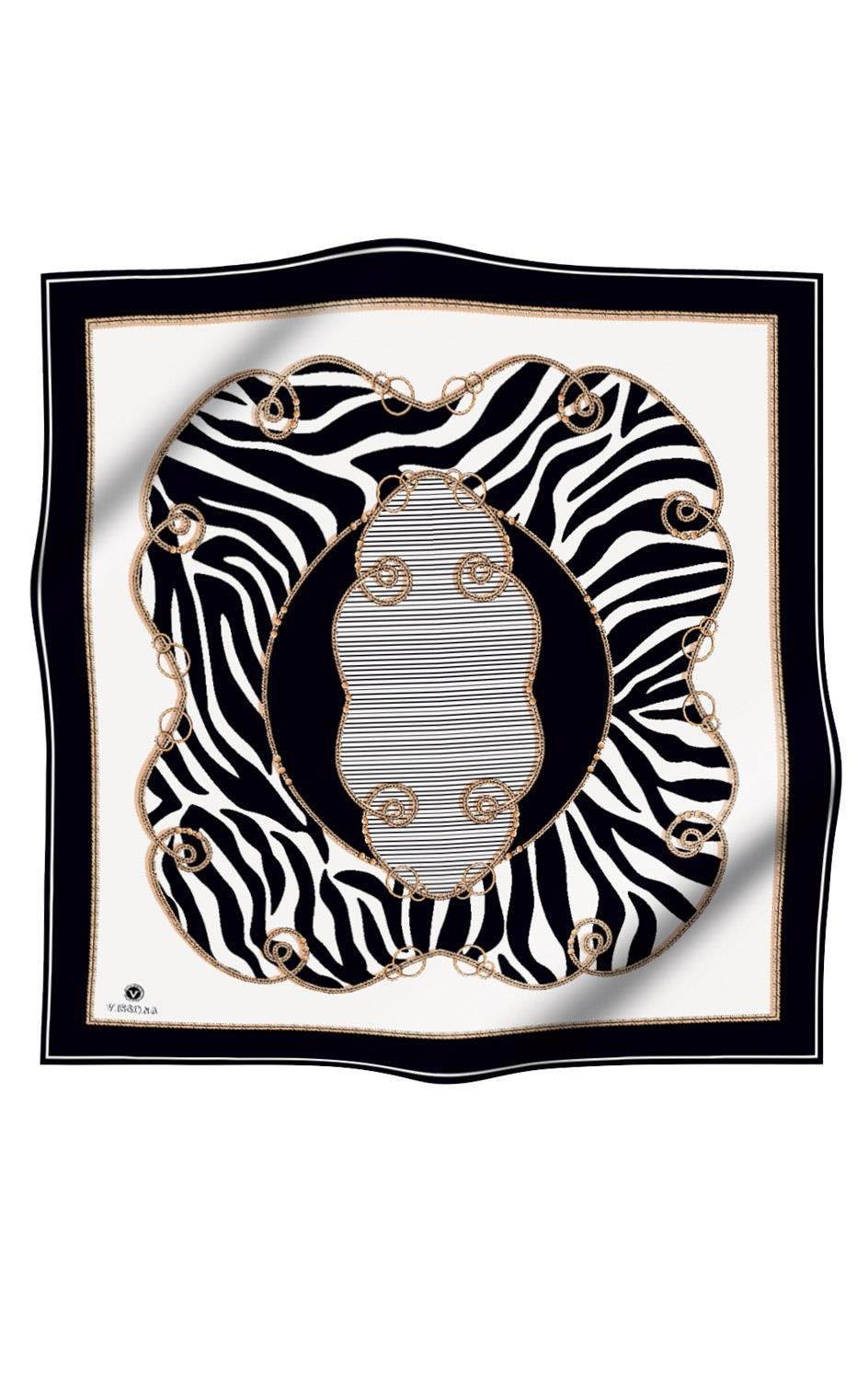 %100 Twill İpek Zincirli Ve Zebra Desenli Krem - Siyah Renkli 90x90 Eşarp Dikim Şekli : El Dikişi